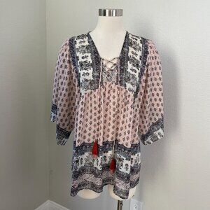 Knox Rose Womens Plus XXL Floral Bohemian Peasant Top Tassel Tie Shirt Blouse